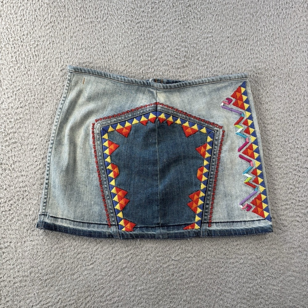 Free People Mini Skirt Womens 2 Aztec Embroidered Denim Boho Festival